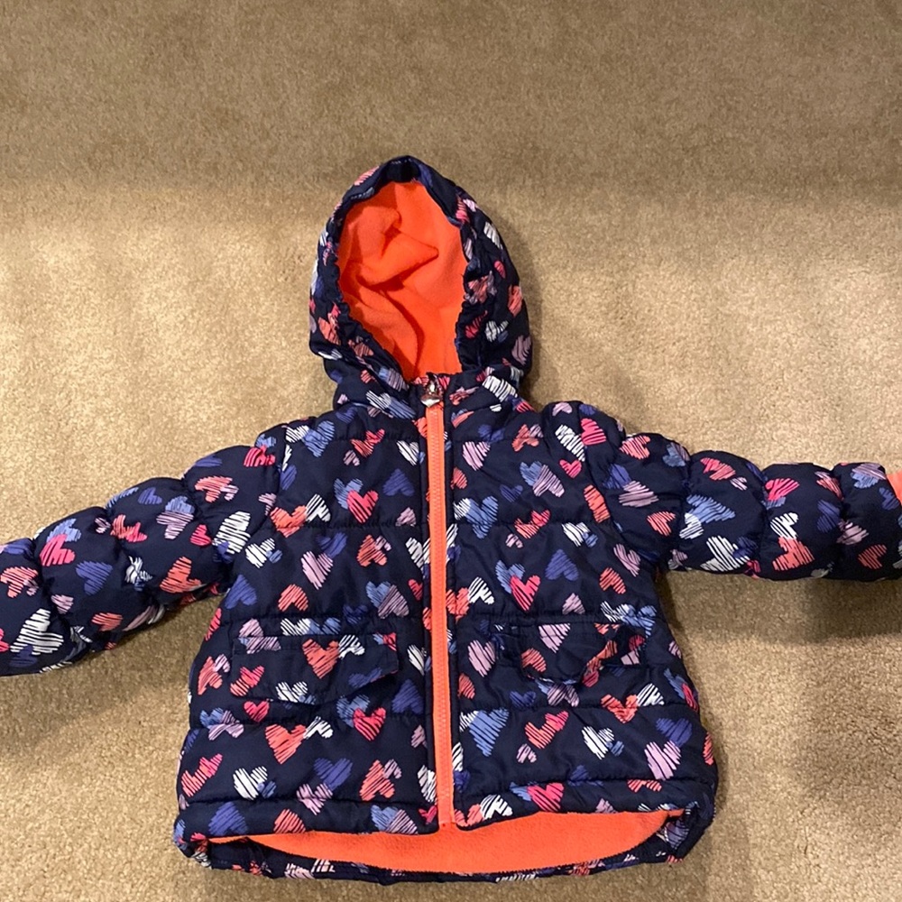 18 month size winter coat. Navy blue with hearts. Like new condition.